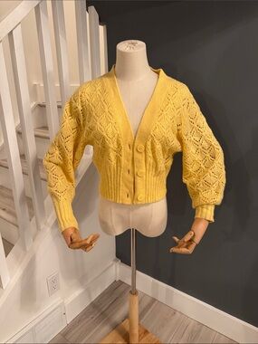 Oak and Fort Butter Yellow Crochet Knit V-Neck Button Cardigan Sweater